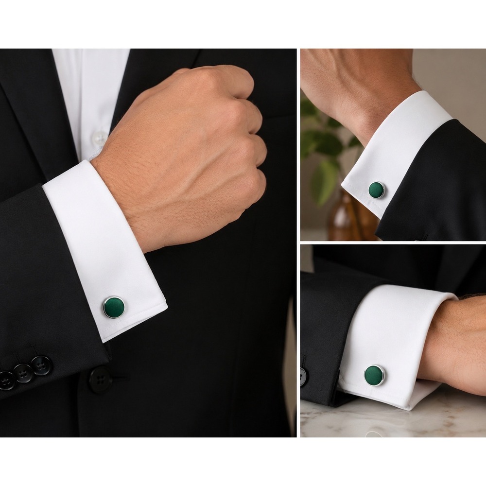 Azazie Mens Emerald Green Satin Silver Tone Round Cufflinks Old Money Minimalist
